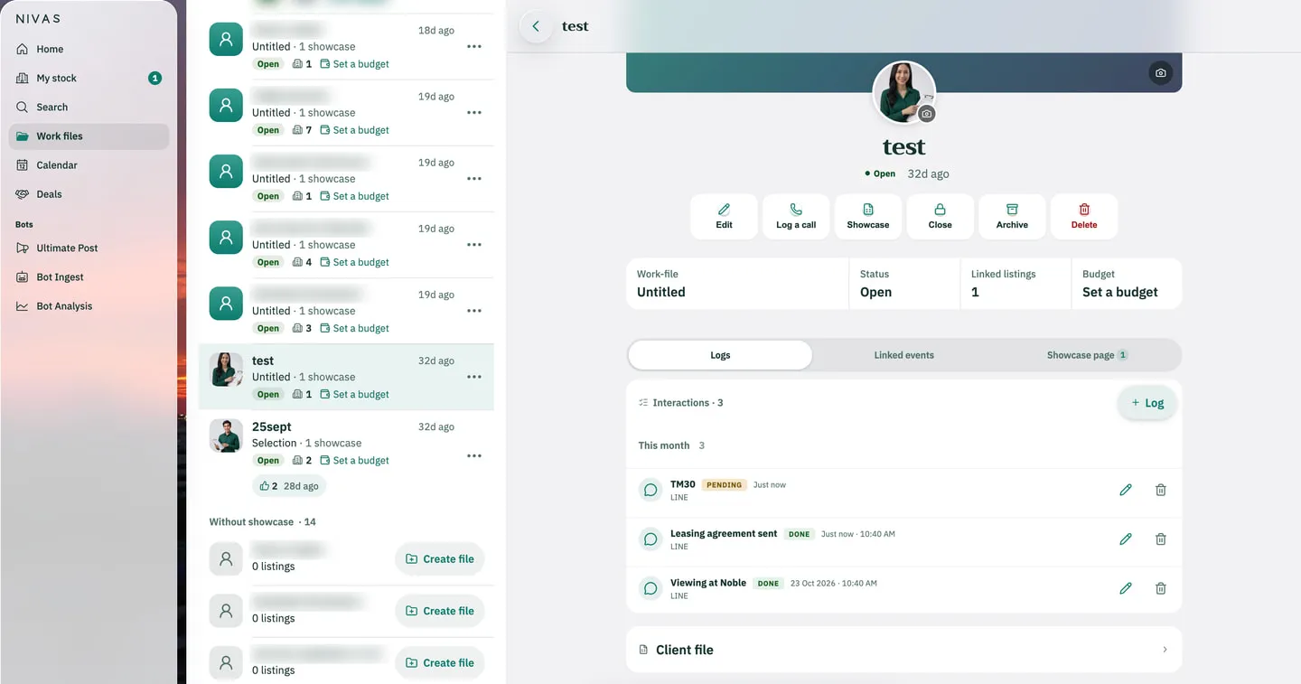 Work files in the real app: the list of work files (other clients’ names blurred) with the selected file “test” and “25sept”; on the right the open work file “test”: the keys Edit, Log a call, Showcase, Close, Archive and Delete; Work-file Untitled, Open, 1 linked listing, Set a budget; the Logs tab with three Interactions (TM30 pending, Leasing agreement sent done, Viewing at Noble done) and the Client file.